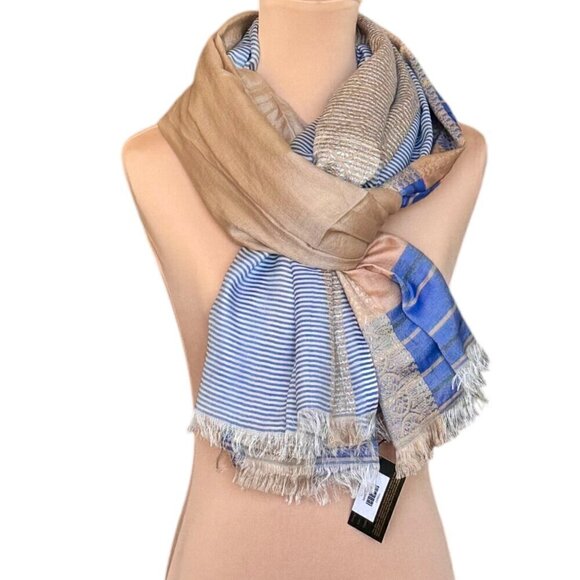 NWT Saachi Large Scarf Silk Blend Tan Blue Brocade Stripes Fringe Boho Lagenlook - Picture 5 of 12
